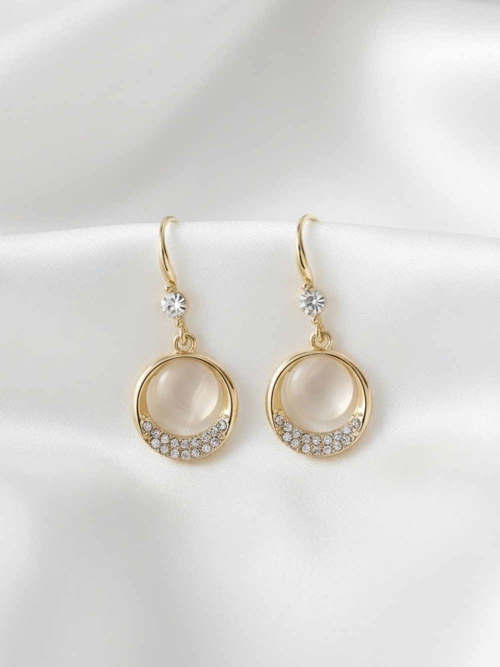 Gold Moonstone Drop Earrings with Cateye Accents - Women Jewelry